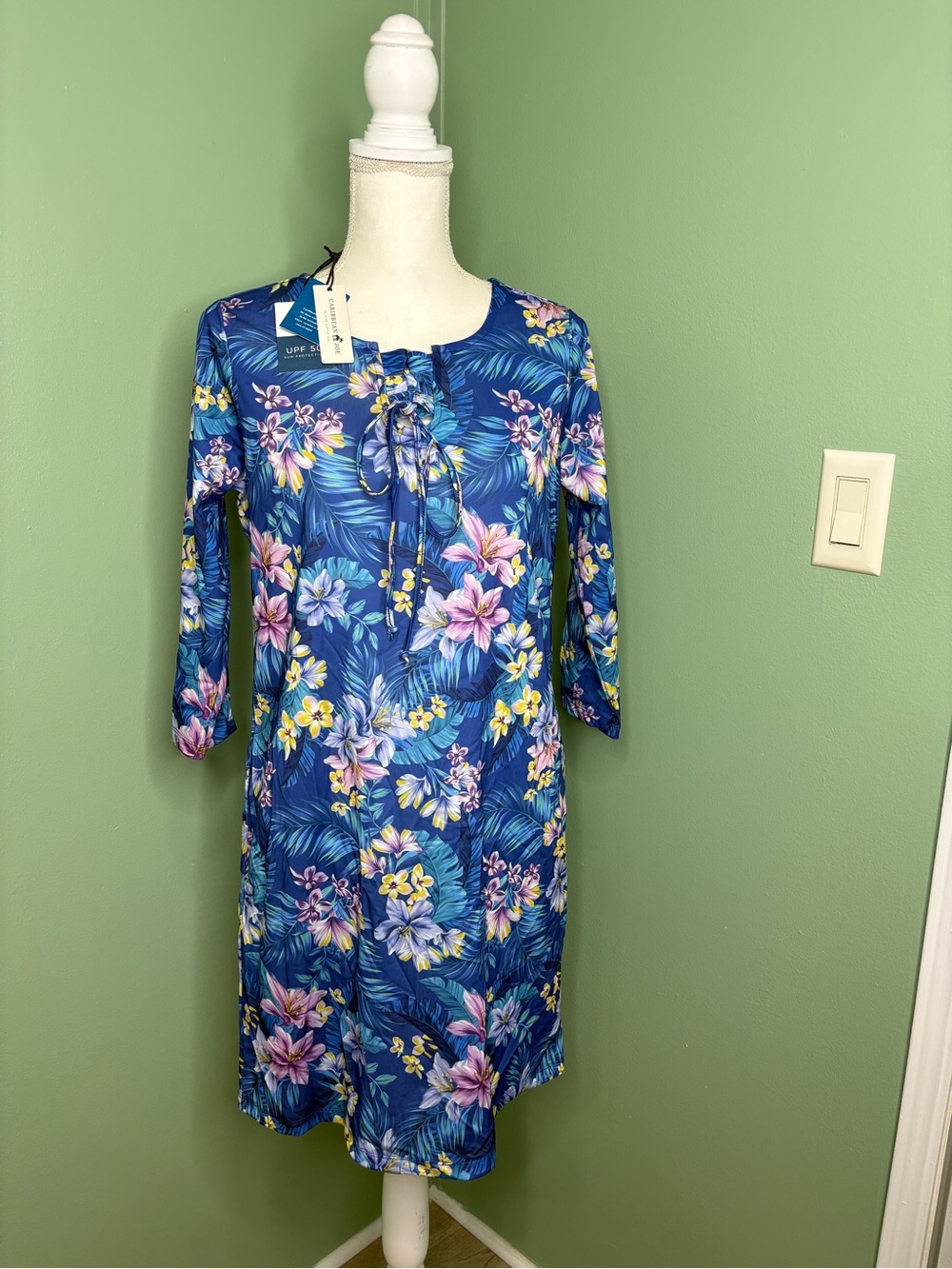 Caribbean Joe Royal Blue Tropical Print Dress